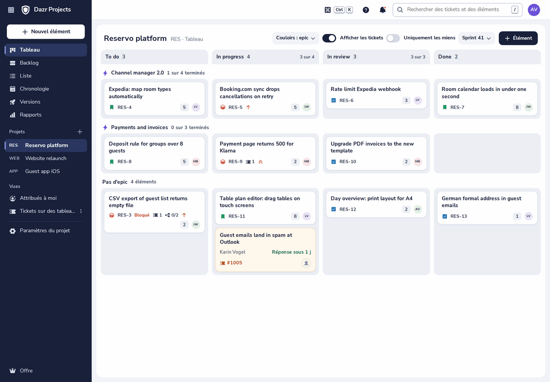 Le tableau d’un projet dans Dazr Projects, avec les éléments regroupés par epic