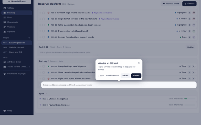 Une visite guidée dans Dazr Projects : l’ajout rapide du backlog est mis en évidence, avec une carte qui explique l’étape