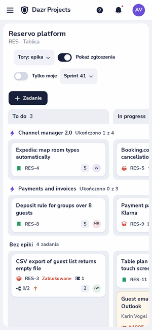Tablica projektu w Dazr Projects na telefonie
