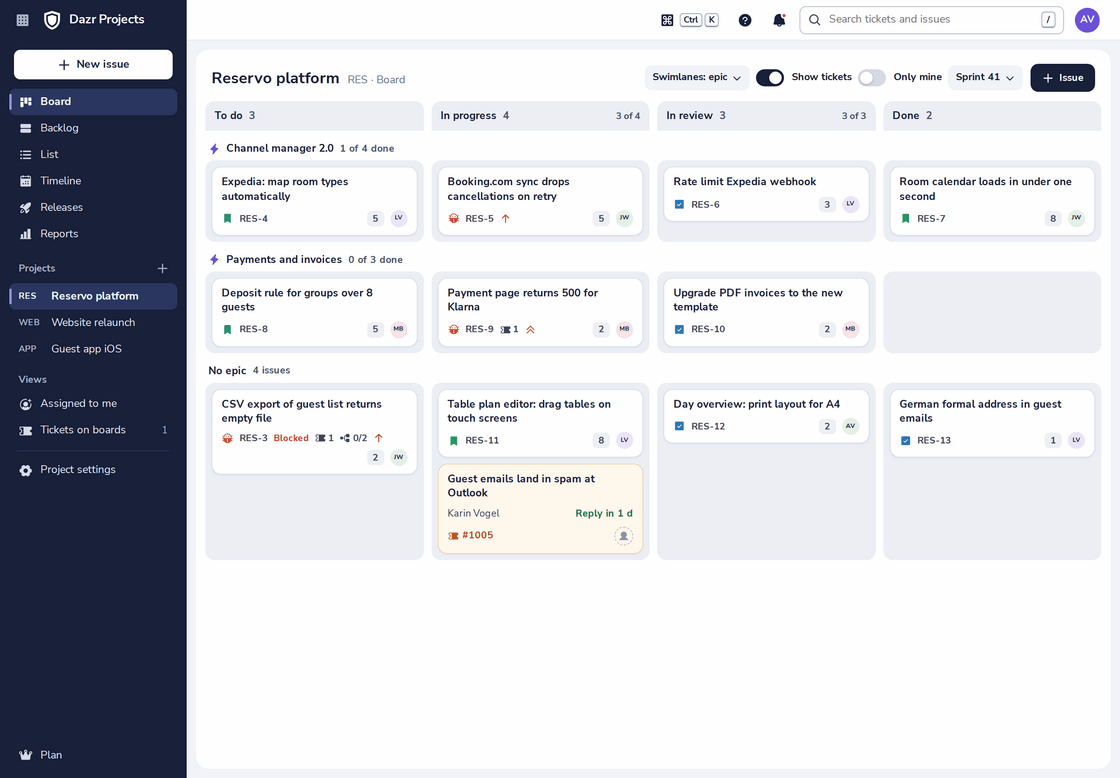 The board of a project in Dazr Projects, with issues grouped by epic