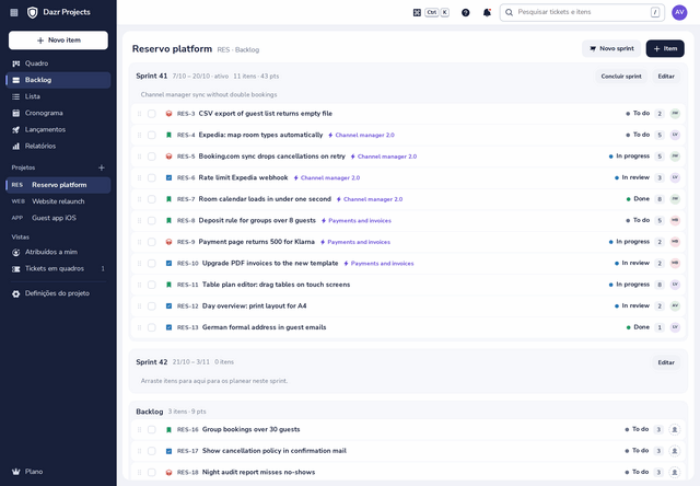 O backlog de um projeto no Dazr Projects, com um sprint e os itens ainda por planear