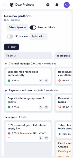 Um quadro de projeto no Dazr Projects num telemóvel