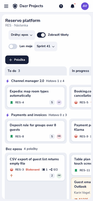 Nástenka projektu v Dazr Projects v telefóne