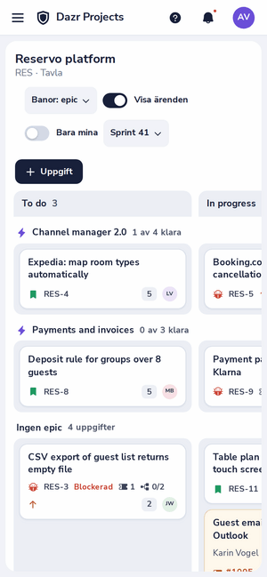 En projekttavla i Dazr Projects på en telefon