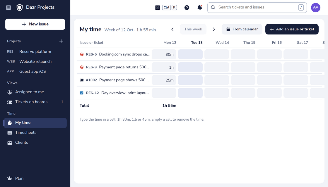 My time in Dazr Projects: one row per issue or ticket and a cell per day